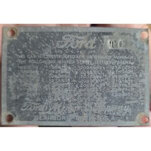 Vintage Ford Motor Company 1/2 Ton Truck Panel Van Data Plate Tag Metal